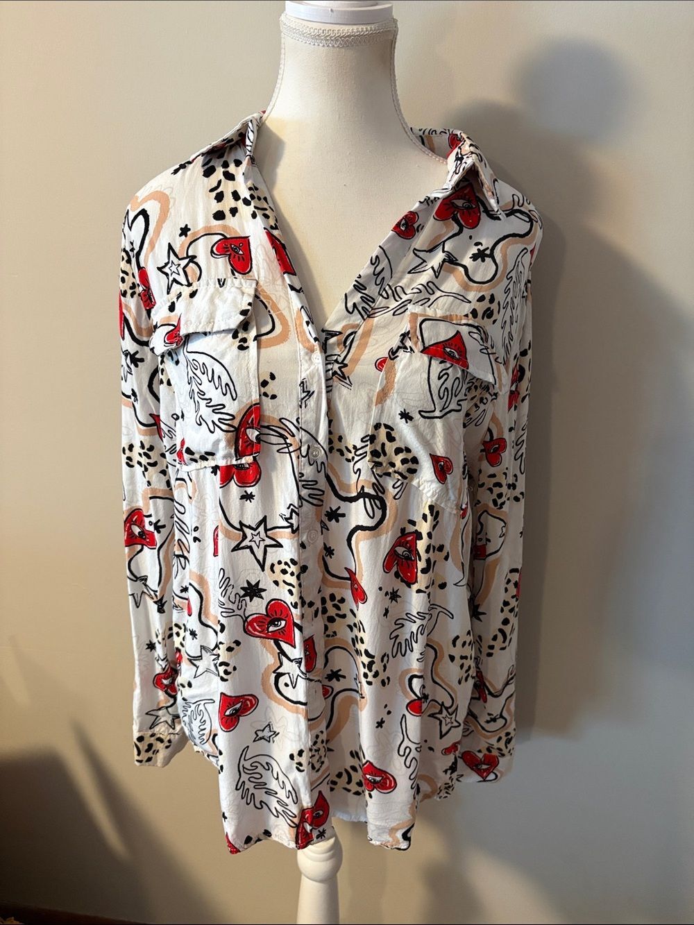 Milk And Honey Abstract Animal and Heart Print Button Down Long Sleeve Shirt. L